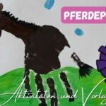 Beitragsbild mit dem Titel: Pferdeparty - coole Aktivitäten und Vorlagen mit einem Handabdruck verziert als Pony und einer Rosette mit der Zahl 5 als Pommel aufgeklebt