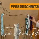IBeitragsbild mit dem Titel Pferde-Schnitzeljagd - kreative Spiele rund ums Pferd mit einem Pony auf einem Plakat, wo gerade ein Kind einen schweif aufklebst - interaktive Pferde-Schnitzeljagd für Kinder mit bunten Seilen und kreativen Spielen rund um das Thema Pferd, ideal für Familien und Pferdeliebhaber.