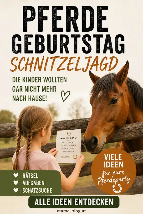 Pin für Pinterest mit dem Titel Pferdegeburtstag Schnitzeljagd und einem Kind, das vor einem Pferd an der Koppel steht