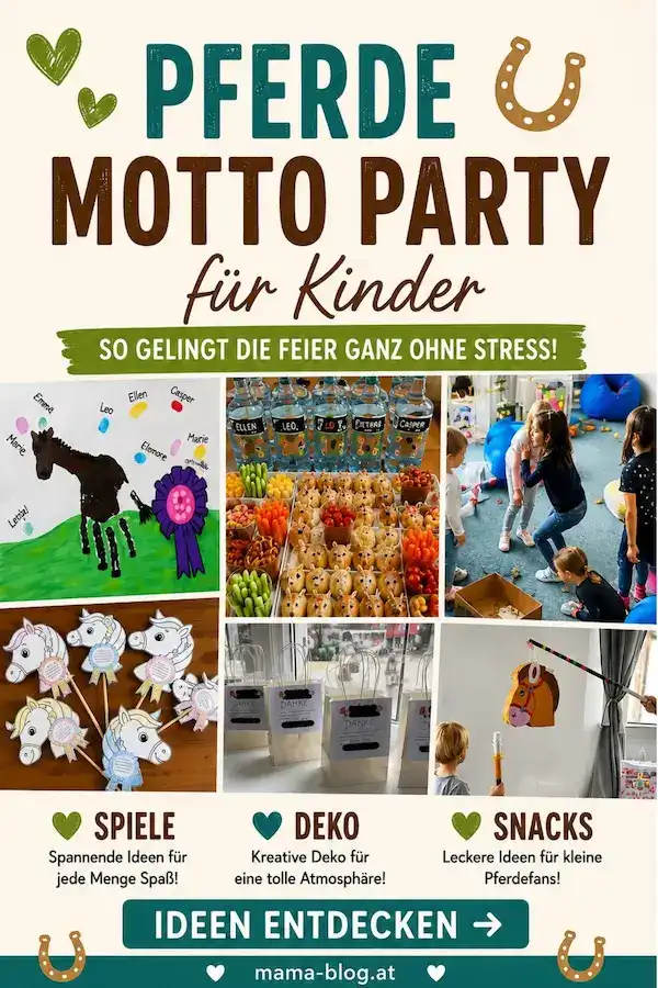 Pin für Pinterest mit dem Titel Pferde Motto Party und einem buntes Bild einer Pferde-Motto-Party für Kinder mit Dekoration, Spielen und Snacks, perfekt für eine stressfreie Feier. Ideal für Kindergeburtstage mit Pferdethema.