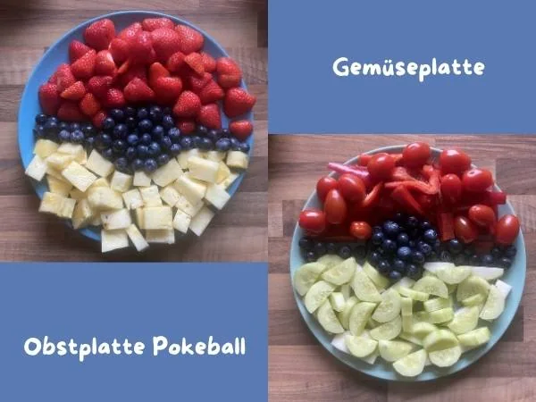 Frisches Obst auf einer bunten Gemüseplatte, perfekt für Kindergeburtstag mit Pokémon-Thema, inklusive Erdbeeren, Blaubeeren, Melone und Käsewürfeln.
