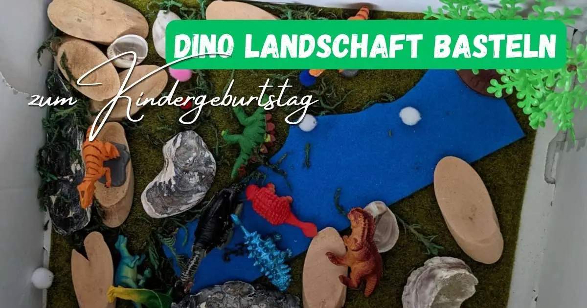 Kreative Dino-Landschaft Bastelaktivität für Kinder zum Geburtstag, inklusive Dinosaurierfiguren, Steine und Naturmaterialien, ideal für Kindergeburtstagsfeiern.