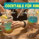 Kinder mixen bunte Cocktails mit bunten Getränken und Strohhalmen, Spaß beim Zubereiten für Kinder, MamaBlog.