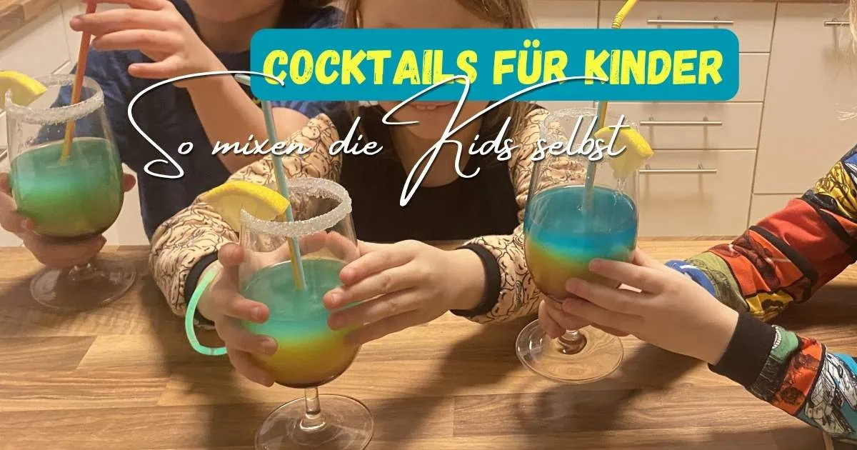 Kinder mixen bunte Cocktails mit bunten Getränken und Strohhalmen, Spaß beim Zubereiten für Kinder, MamaBlog.