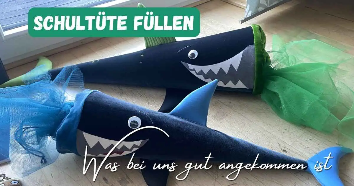 Bunte Schultüten in Form von Haien, ideal für den Schulanfang, mit grüner Tüte und buntem Tüll, perfekt für Kinder, die den Schulstart feiern.