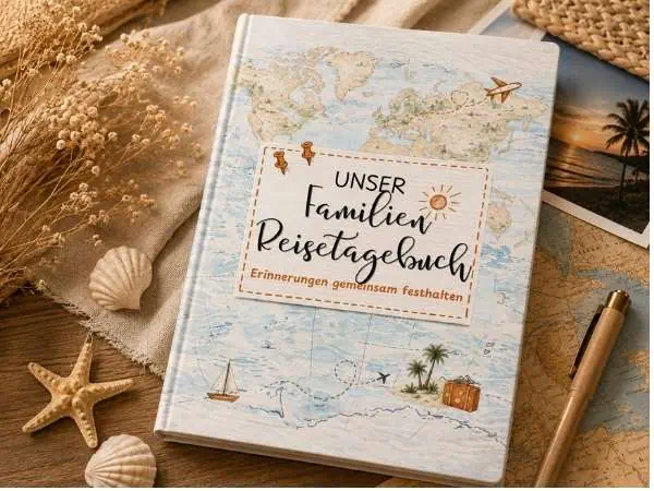 Mockup des Covers mit dem Titel Unser Familien Reisetagebuch - Erinnerungen gemeinsam festhalten und daneben liegen Muscheln, Stift und Landkarte