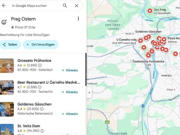 Karte von Prag mit markierten Sehenswürdigkeiten und Restaurants für Familien mit Kindern.