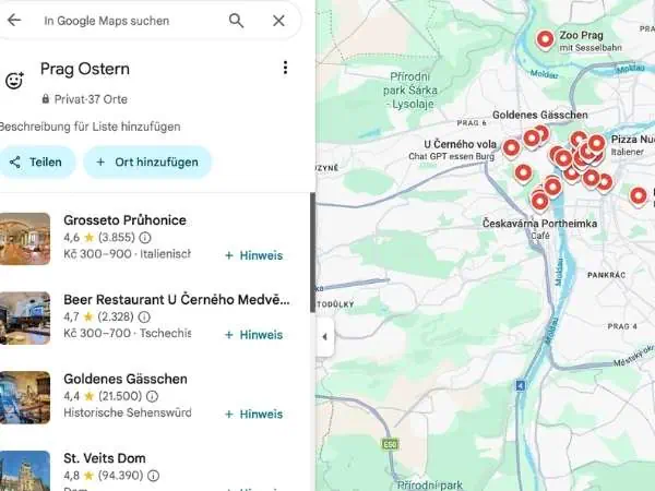 Karte von Prag mit markierten Sehenswürdigkeiten und Restaurants für Familien mit Kindern.