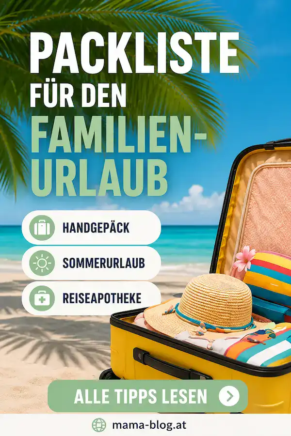 Pin für Pinterest mit dem Titel "Packliste für den Familienurlaub" mit einem Koffer am Strand