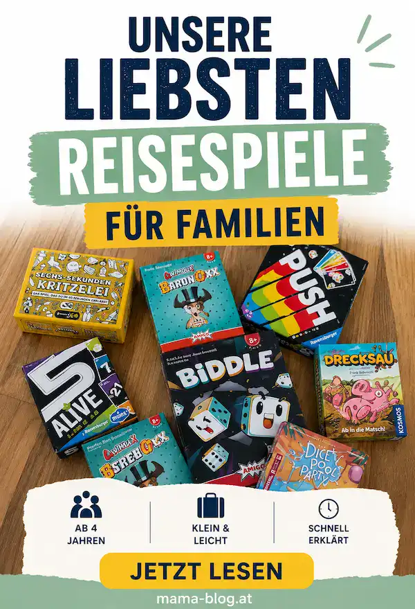 Pin für Pinterest mit dem Titel "unsere liebsten Reisespiele für Familien" mit den Spielen im Hintergrund auf einem Tischliegend