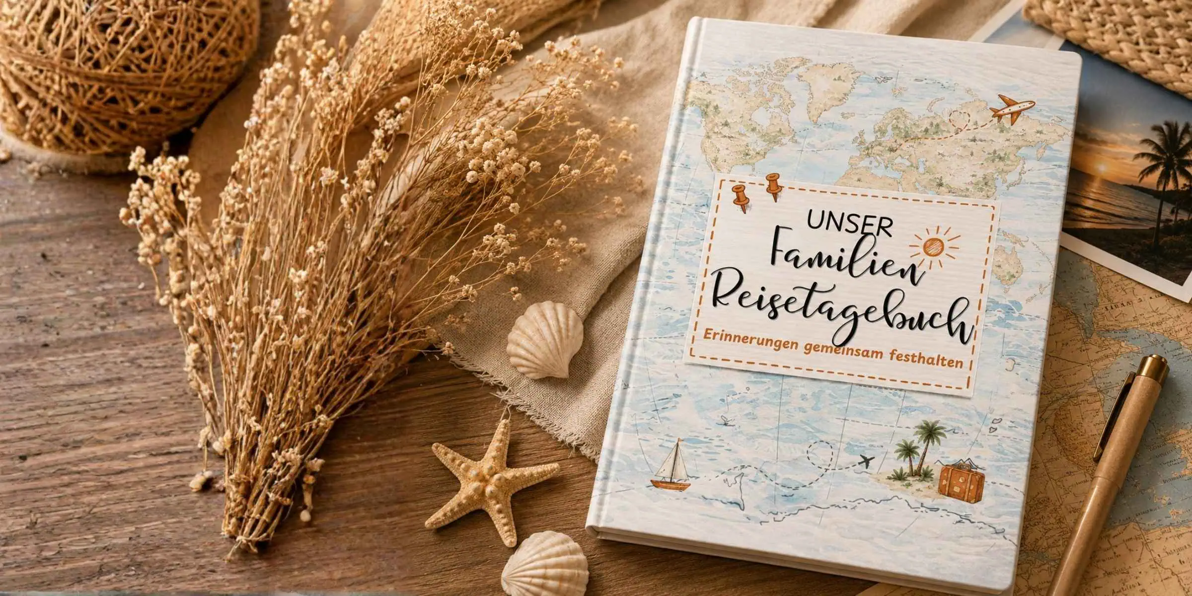 Familien-Reisetagebuch Buch mit Trockenblumen, Muscheln und Reiseutensilien auf Holztisch