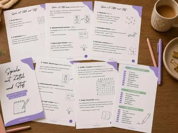 PDF mit Spielen mit Stift und Papier zum Ausdrucken, mehrere Seiten