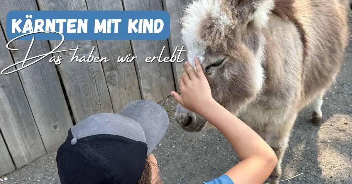 Kleines Kind streichelt ein Pony im Familienurlaub in Kärnten, perfekt für Kinder und Familienausflüge.