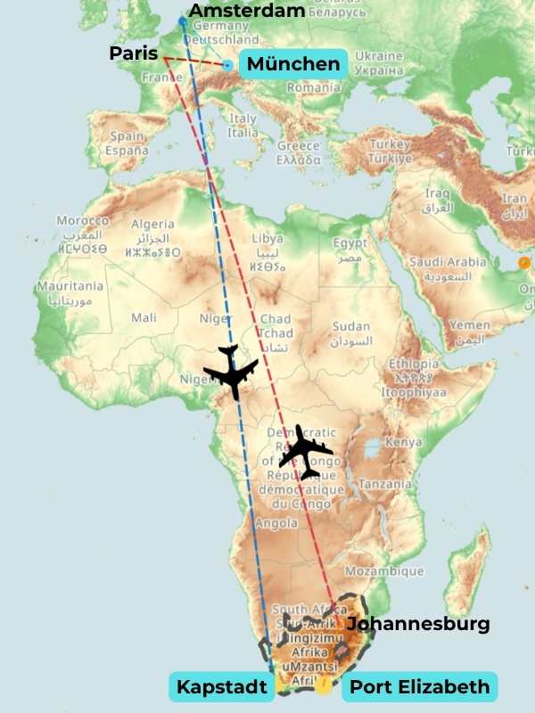 Flugroute von Kapstadt nach München mit Zwischenstopps in Johannesburg und Port Elizabeth, Südafrika und Deutschland, auf Weltkarte.
