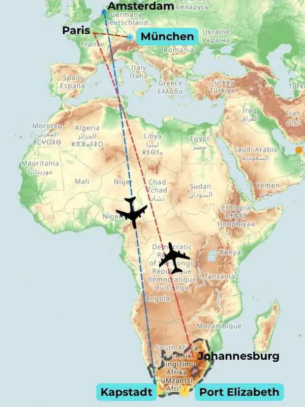Flugroute von Kapstadt nach München mit Zwischenstopps in Johannesburg und Port Elizabeth, Südafrika und Deutschland, auf Weltkarte.