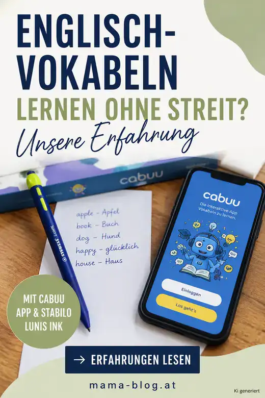Pinterest Grafik: Englisch Vokabeln lernen ohne Streit mit cabuu App und Stabilo Lunis Ink