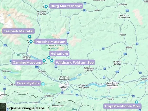 Quelle Google Maps: Karte der Sehenswürdigkeiten rund um den Wörthersee in Kärnten, Österreich, inklusive Porsche Museum, Wildtierpark Feld am See und Terra Mystica.