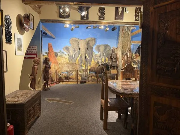 Museumsraum mit Afrika-Diorama, Elefanten und Zebra beim Wildtierpark Feld am See