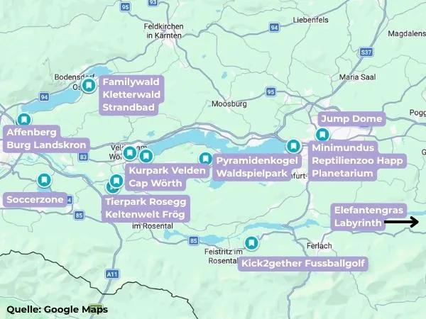 Übersichtskarte mit Sehenswürdigkeiten in der Region, inklusive Familienwald, Jump Dome, Minidinosaurierpark und Kick2gether Fußballgolf in der Nähe von Velden am Wörthersee, Österreich.