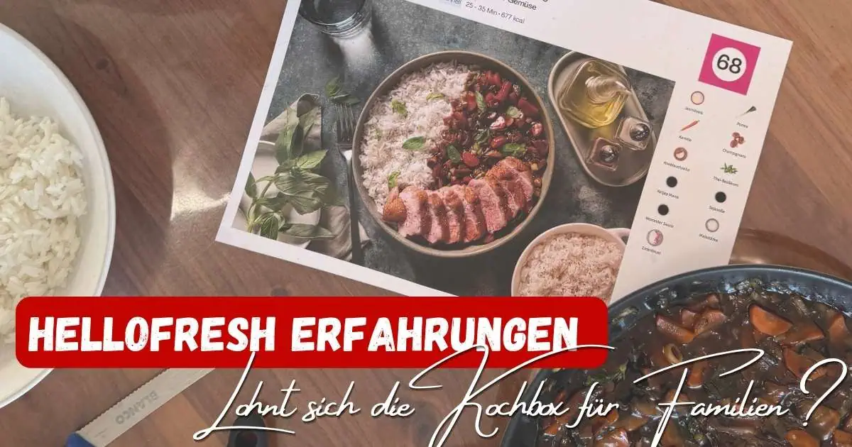 Beitragsbild mit dem Titel "HelloFresh Erfahrungen - Lohnt sich die Kochbox für Familien?", im Hintergrund mit einer Rezeptkarte, einem Teller Reis und einer Pfanne mit Inhalt