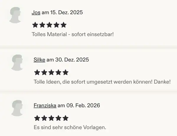 Drei Etsy-Bewertungen zu den Silvester Countdown T&uuml;ten Vorlagen von Jos, Silke und Franziska, alle 5 Sterne