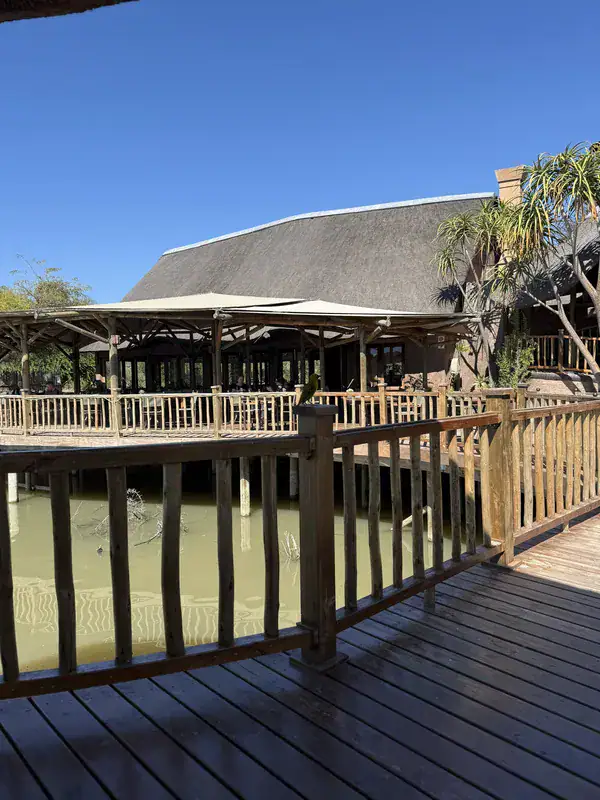 Restaurant der Buffelsdrift Game Lodge mit Reetdach und Holzterrasse direkt am Wasserloch
