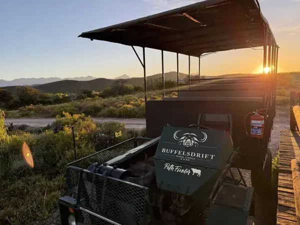 Safari-Fahrzeug der Buffelsdrift Game Lodge bei Sonnenuntergang