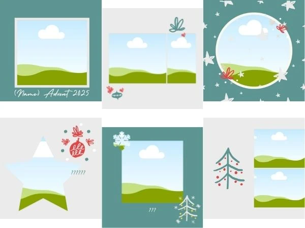 Übersicht über 6 verschiedene Albumseiten der Fotoalbum-Vorlage mit Fotoplatzhaltern in Stern-, Kreis- und Tannenbaum-Form sowie weihnachtlichen Dekoelementen