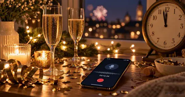 Silvesterstimmung am Fenster mit Kerzen, Sektgläsern, Lichterkette und einem Handy mit laufender Sprachaufnahme kurz vor Mitternacht