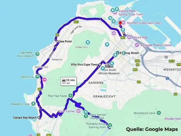Google-Maps-Routenübersicht unserer Stopps an Tag 1 in Kapstadt, Quelle Google Maps