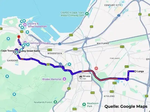 Google-Maps-Routenübersicht unserer Stopps an Tag 2 in Kapstadt, Quelle Google Maps