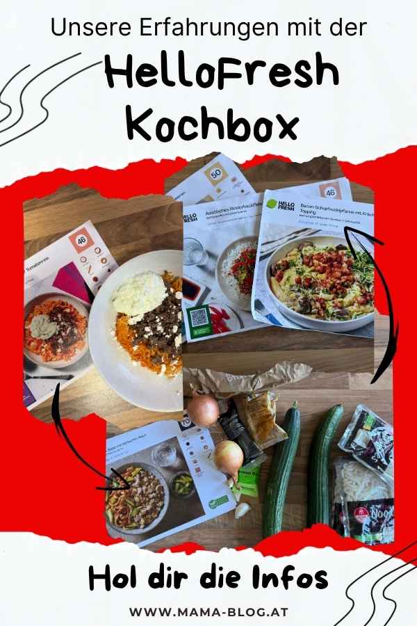 Pin für Pinterest mit dem Titel "Unsere Erfahrungen mit der HelloFresh Kochbox" und drei Fotos von Kochboxen, Rezeptkarten und Gerichten