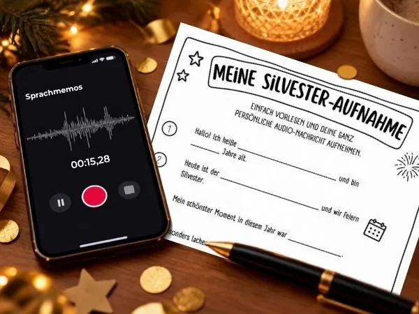Handy mit laufender Sprachmemo-Aufnahme neben der ausgedruckten Seite Meine Silvester-Aufnahme und einem Stift