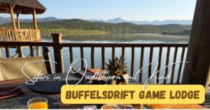 Beitragsbild mit dem Titel "Buffelsdrift Game Lodge - Safari mit Kind in Oudtshoorn" mit einem Wasserloch im Hintergrund und einem Frühstückstisch im Vordergrund