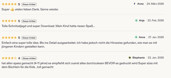 Vier Kundenbewertungen zur Silvester-Schnitzeljagd von Anne, Anja, Anne und Stephanie: dreimal 5 Sterne und einmal 4 Sterne
