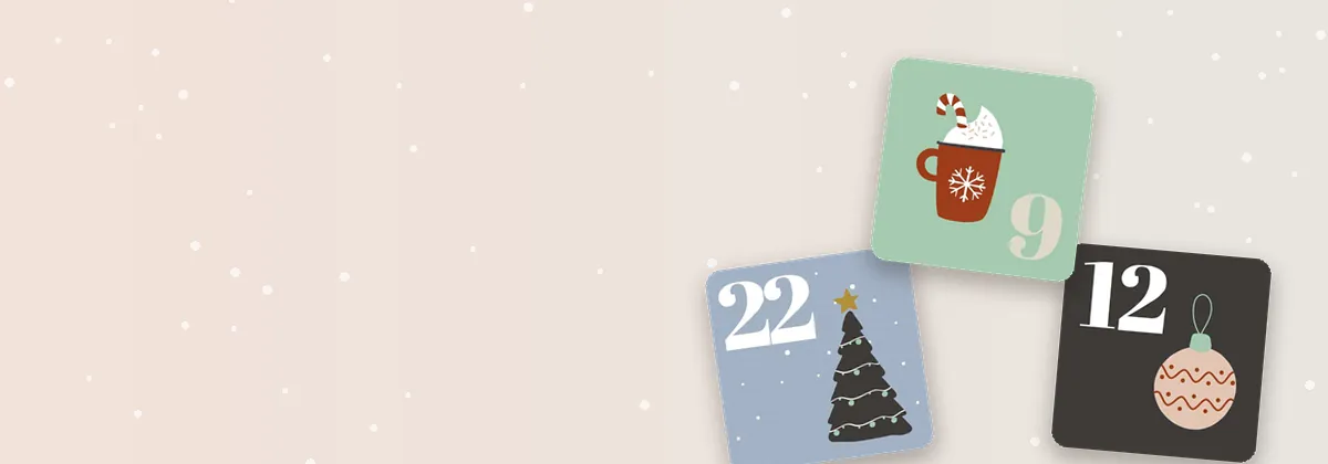 Drei Türchen des Online-Adventskalenders mit den Zahlen 9, 12 und 22 auf rosa Hintergrund mit Schneeflocken