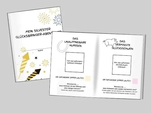 Sammelheft der Silvester-Schnitzeljagd mit den Seiten Das unauffindbare Hufeisen und Das vermisste Glücksschwein